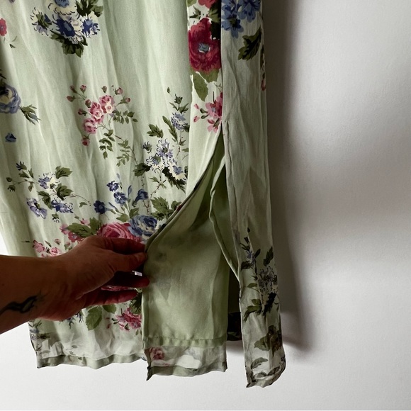 Vintage 90s Mint Floral Midi Dress with Side Slits - Picture 2 of 8